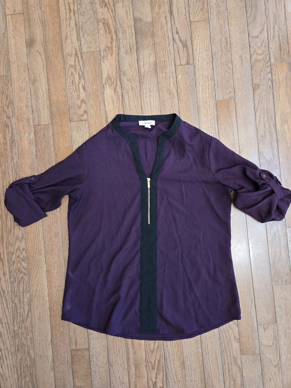 Calvin Klein Purple Blouse with Black Trim and Gold Zip